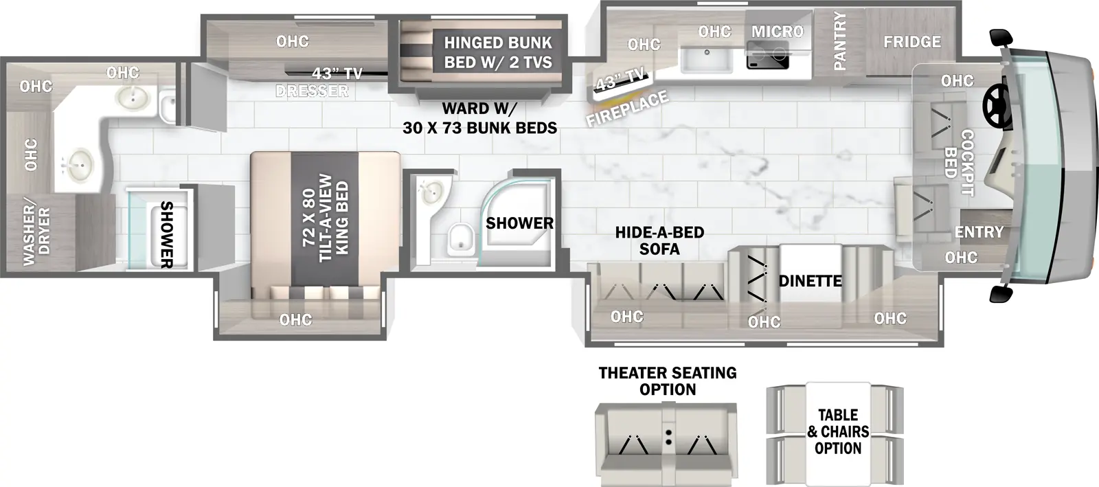 The Berkshire XLT 45A floorplan has one entry and four slide outs. Exterior features include: 12'9" & 56" Door Awning awning and outside entertainment. Interiors features include: bunk beds, free-standing dinette option, two full bathrooms and bunk over cab.